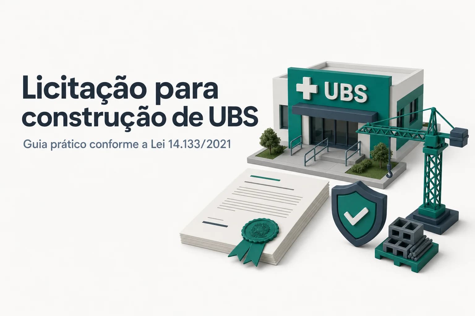 Ilustração de uma Unidade Básica de Saúde com placa de licitação em andamento.
