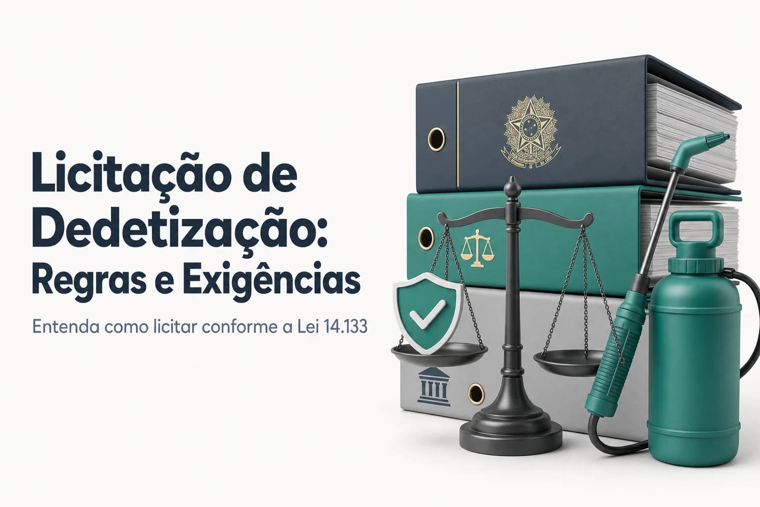 Documentos e equipamentos de dedetização sobre uma mesa, com fundo de edifícios públicos