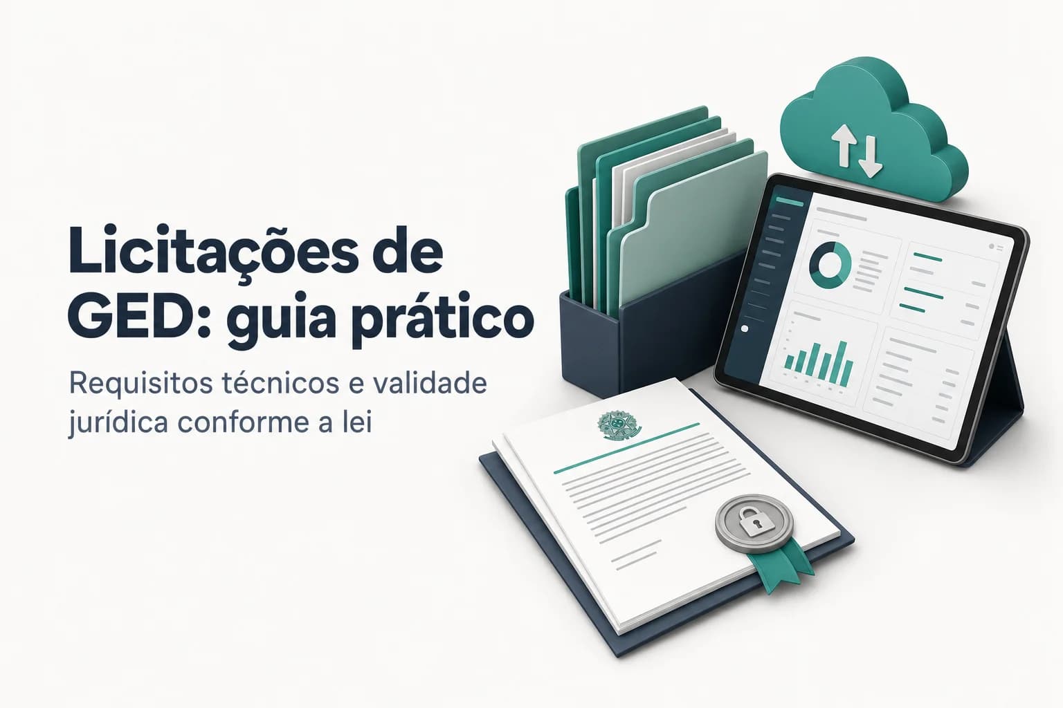 Ilustração de documentos digitalizados e sistema de GED, com ícones de lupa e nuvem, representando a licitação de serviços de digitalização.