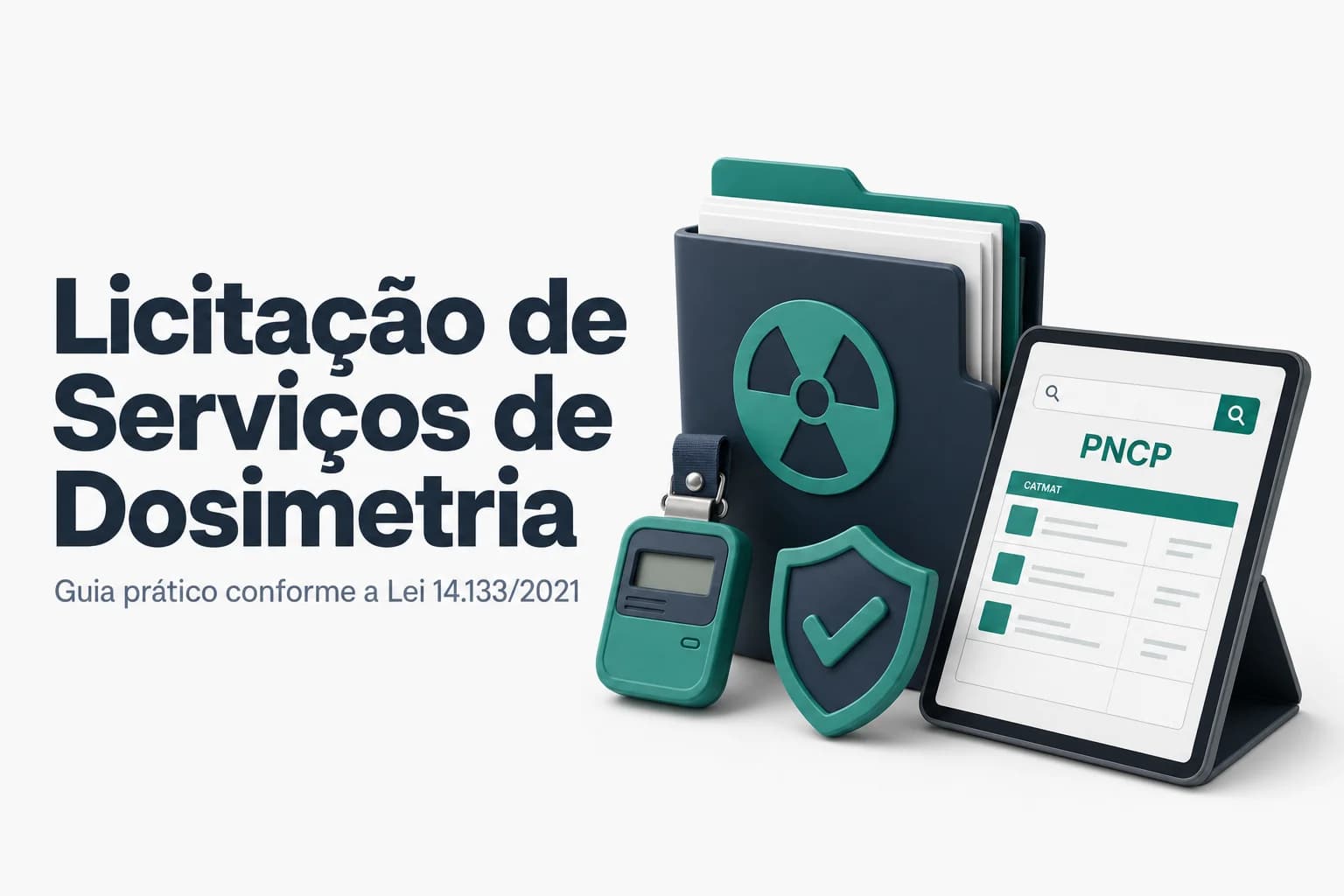 Profissional de saúde com dosímetro sobre fundo de documentos de licitação pública.