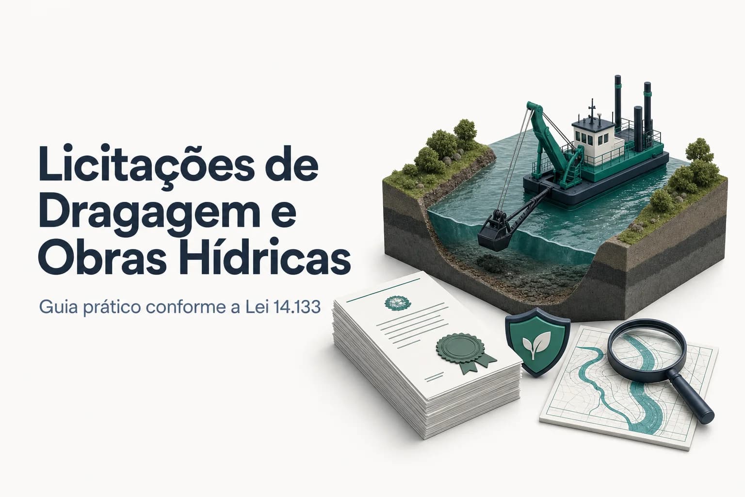 Imagem ilustrativa de uma draga em operação em um rio, com paisagem natural ao fundo.
