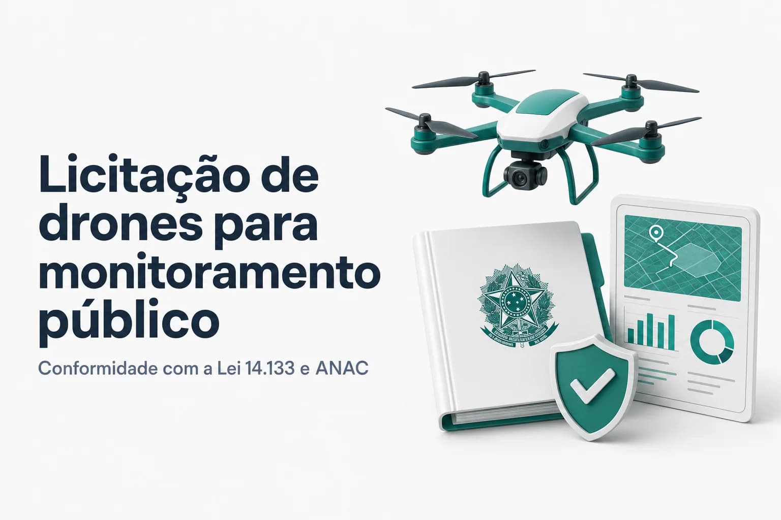 Drone sobrevoando uma área urbana com câmera apontada para uma obra pública — ilustração de monitoramento público com VANT.