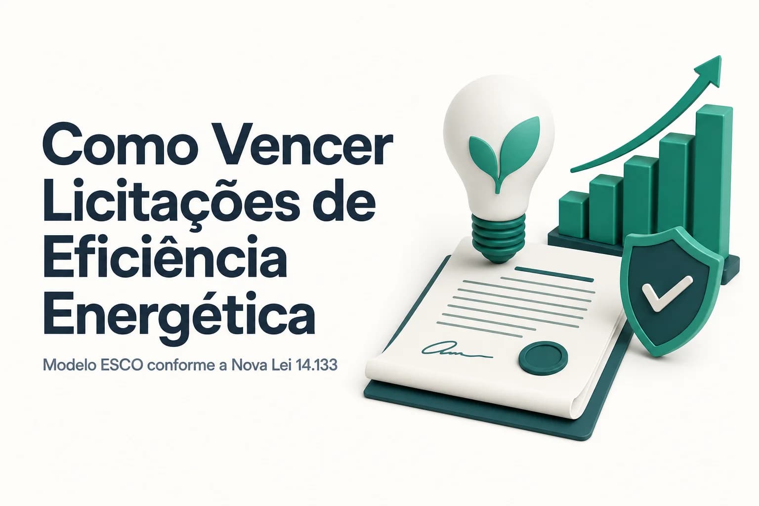 Documento de licitação e gráfico de economia de energia representando contrato de desempenho com ESCO