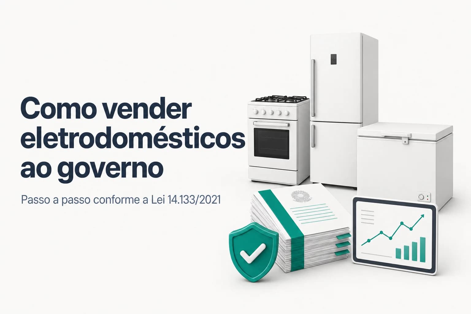 Ilustração de geladeira, fogão e freezer em ambiente institucional representando licitação pública para aquisição de eletrodomésticos de linha branca.