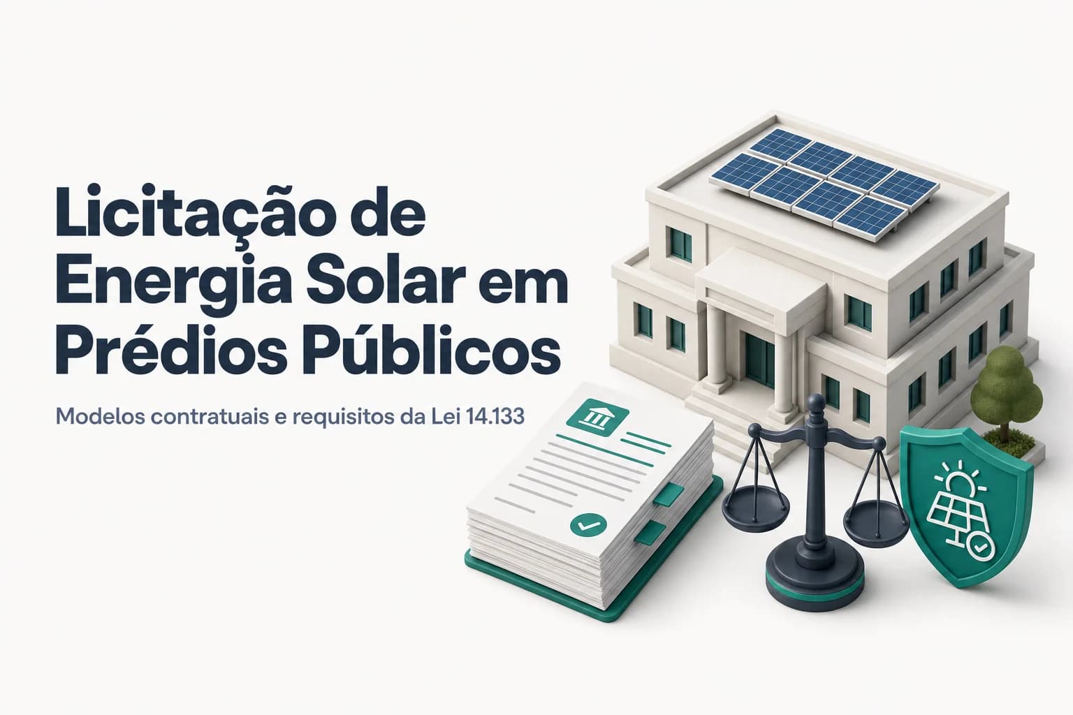 Ilustração de um prédio público com painéis solares no telhado.