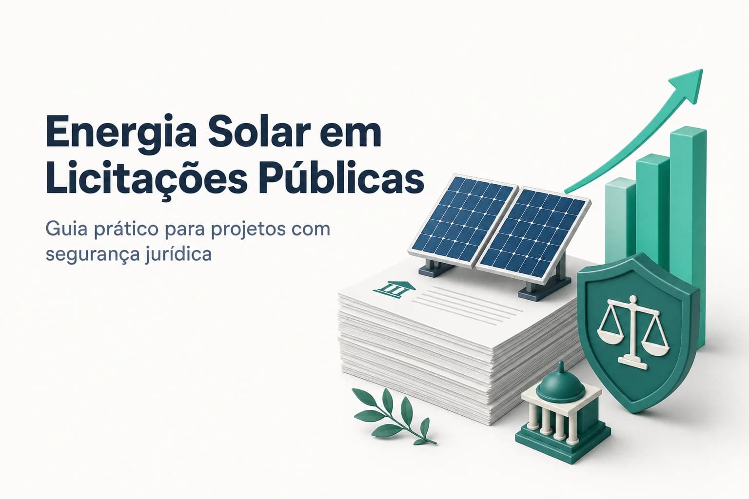 Painéis solares fotovoltaicos instalados em telhado de prédio público, com prédios governamentais ao fundo, representando contratação de eficiência energética.