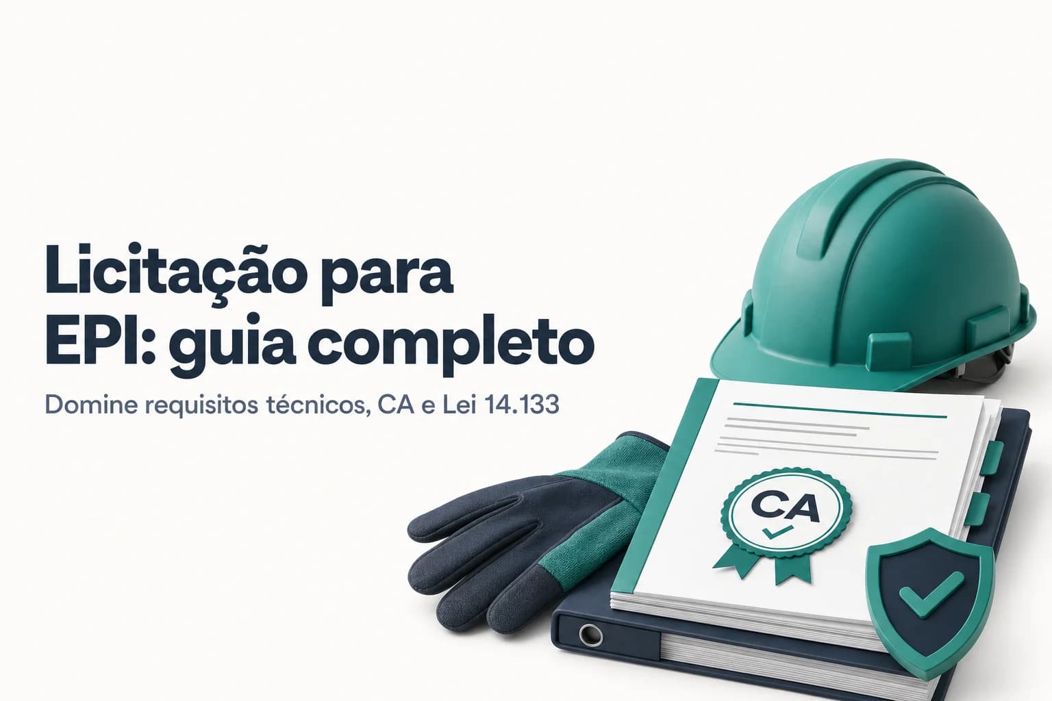 Capacete e outros equipamentos de proteção individual (EPIs) sobre mesa com edital de licitação ao fundo.