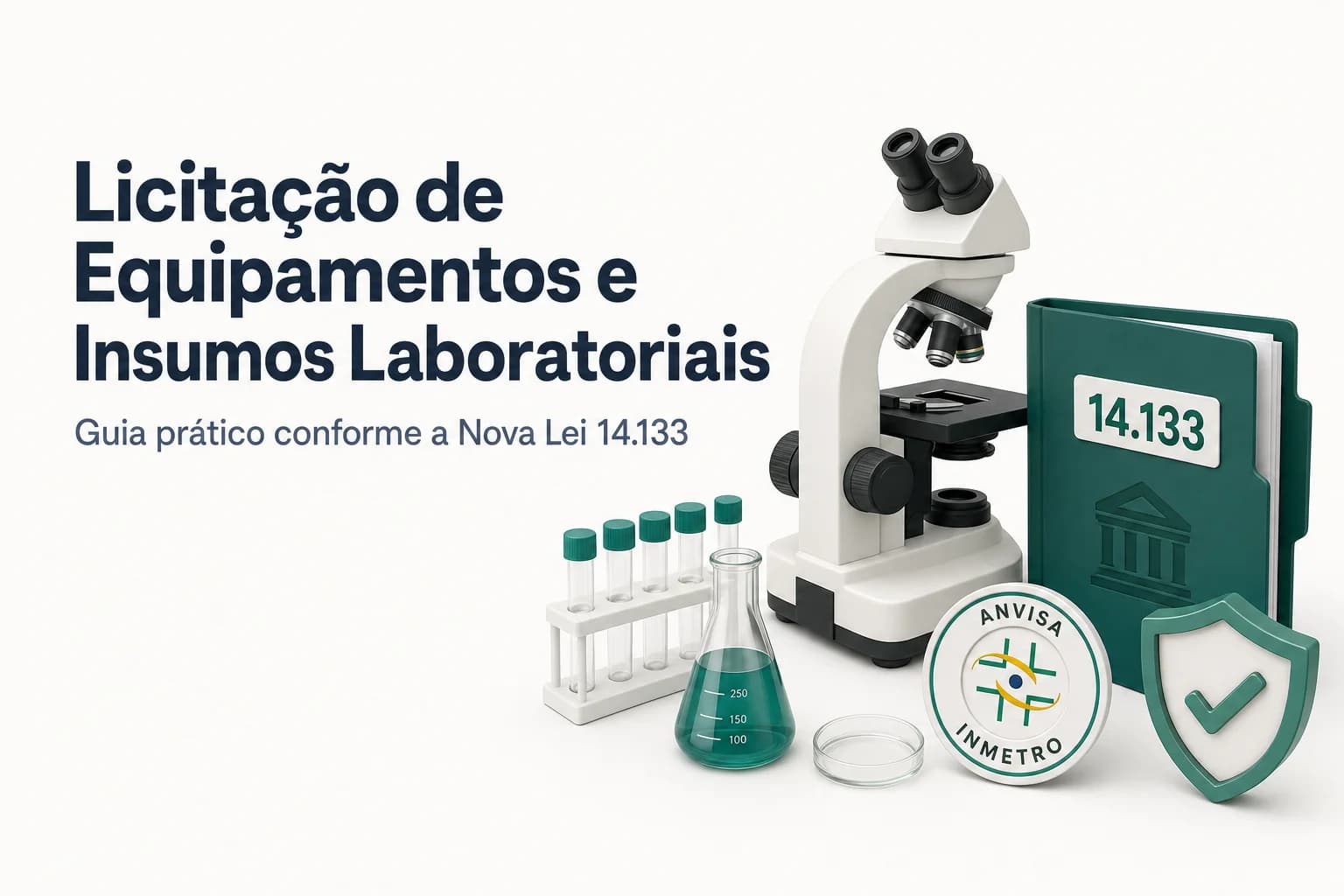 Laboratório com equipamentos científicos e documentos de licitação sobre a mesa