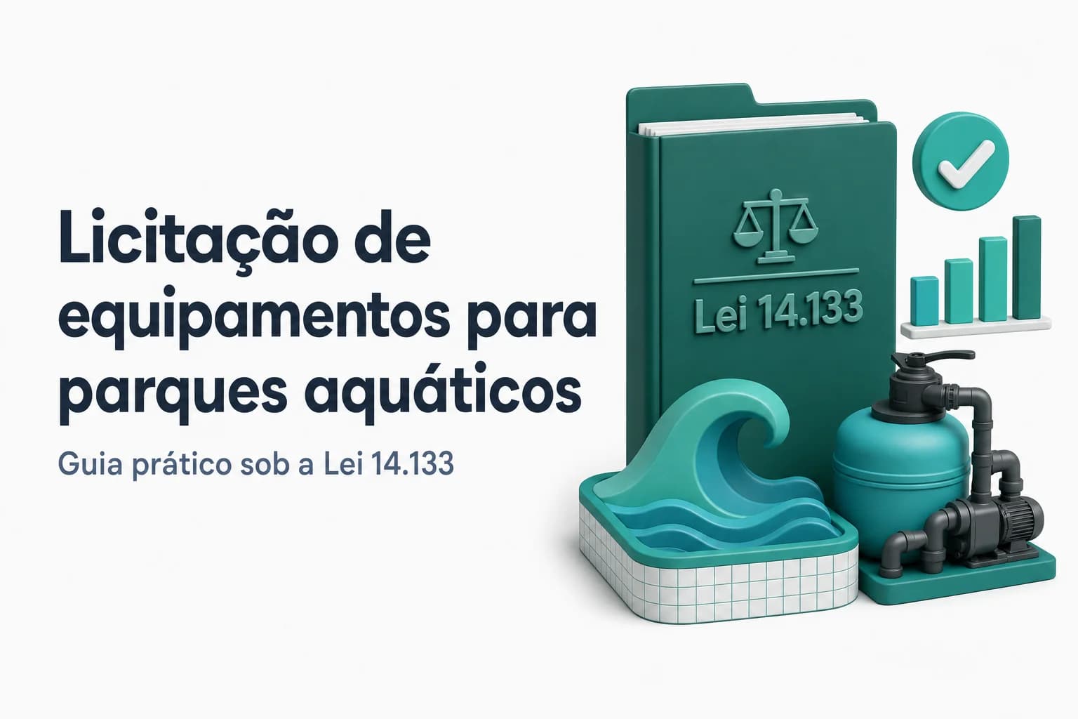 Ilustração de parque aquático com piscinas e toboáguas, representando o segmento de licitação para equipamentos aquáticos.