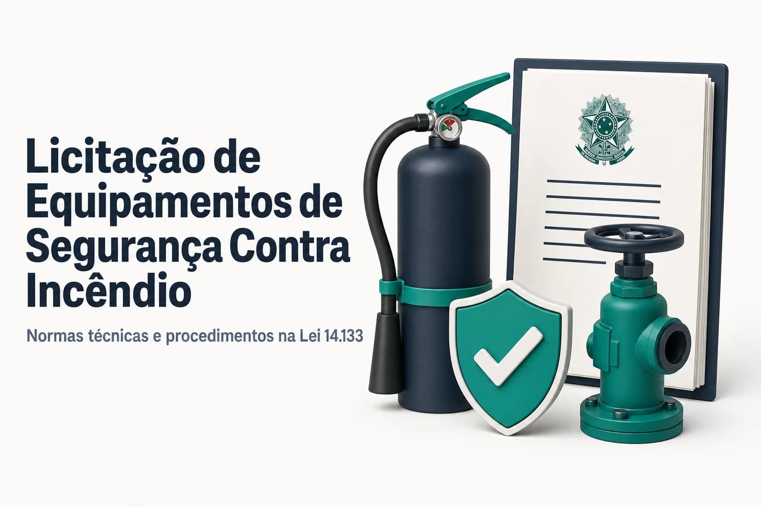 Ilustração de extintores e hidrantes em ambiente corporativo, com destaque para certificação e edital de licitação.