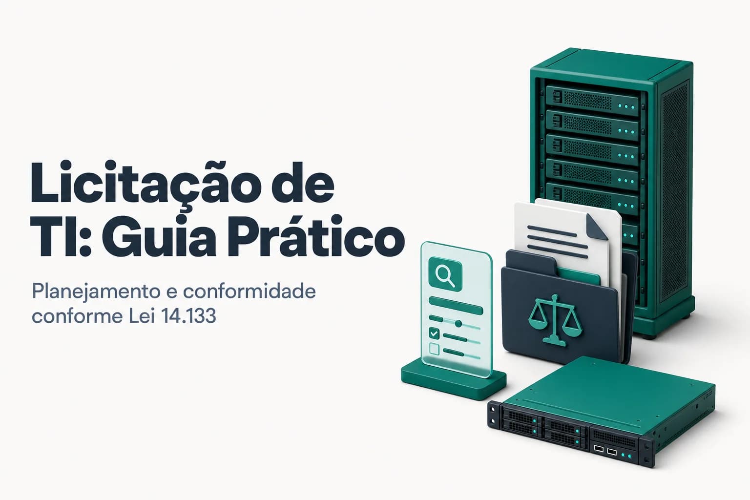 Ilustração de um servidor e notebooks sendo adquiridos pelo governo, com documentos de licitação ao fundo