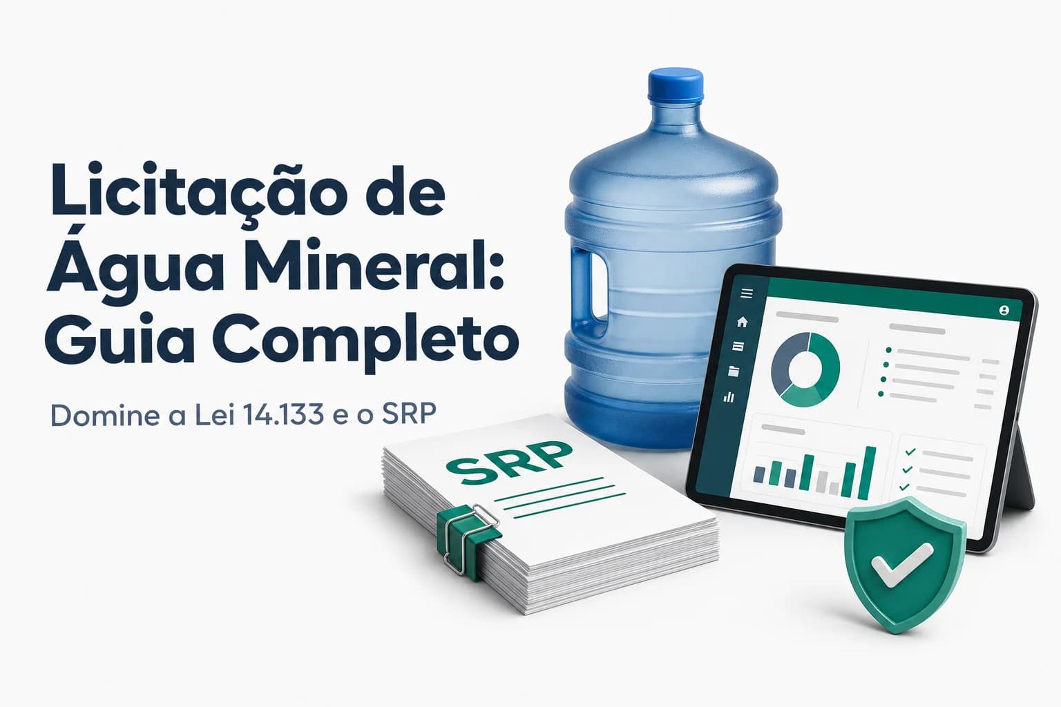 Ilustração de galões de água mineral em um depósito público com notas de licitação ao fundo