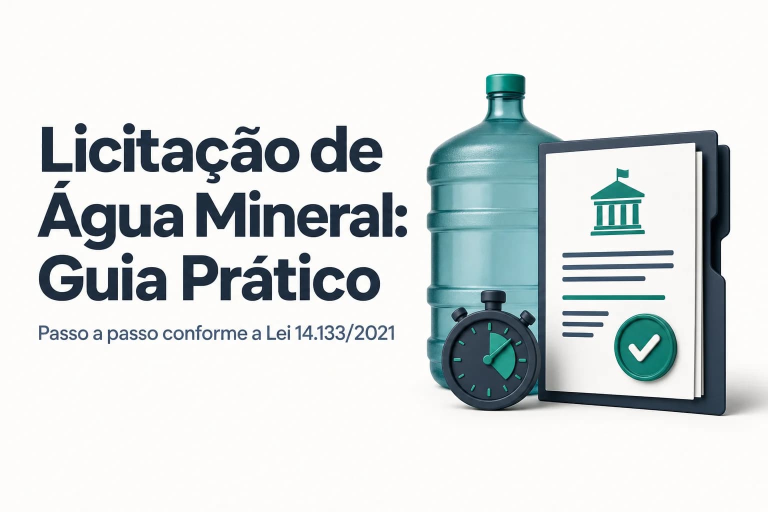 Mão segurando copo de água mineral ao lado de galões de 20 litros, em escritório, ilustrando licitação pública para fornecimento