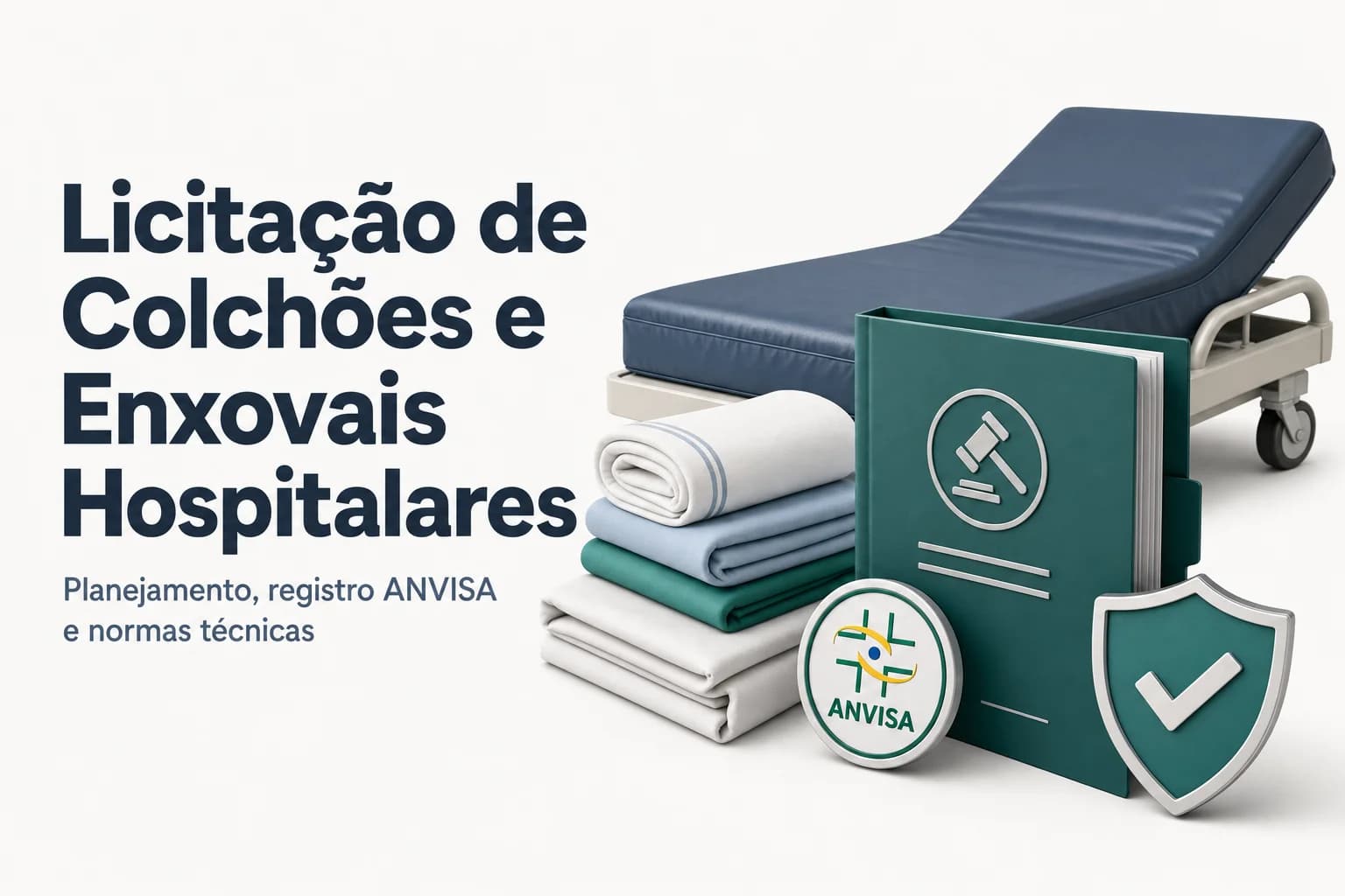 Ilustração de colchão hospitalar e lençóis em ambiente hospitalar, com ícones de documentos de licitação ao lado.