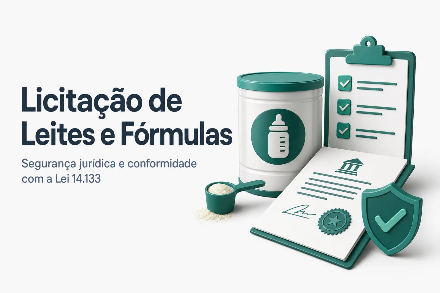 Fórmulas infantis e leite em pó dispostos sobre mesa com documentos de licitação ao fundo.
