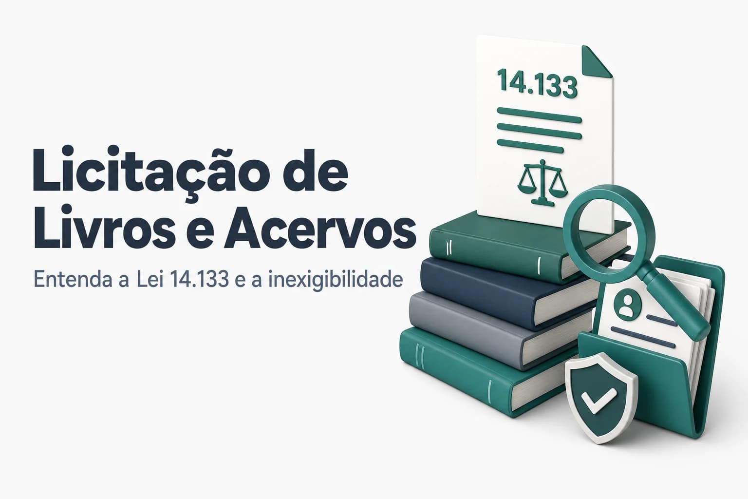 Ilustração de livros empilhados com símbolos de licitação e biblioteca pública