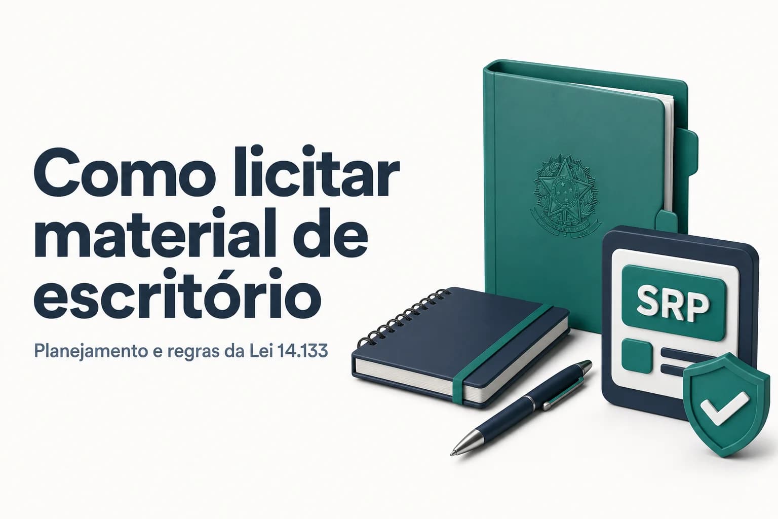 Pilha de materiais de escritório como canetas, papéis e pastas sobre uma mesa com documentos e selos de licitação.
