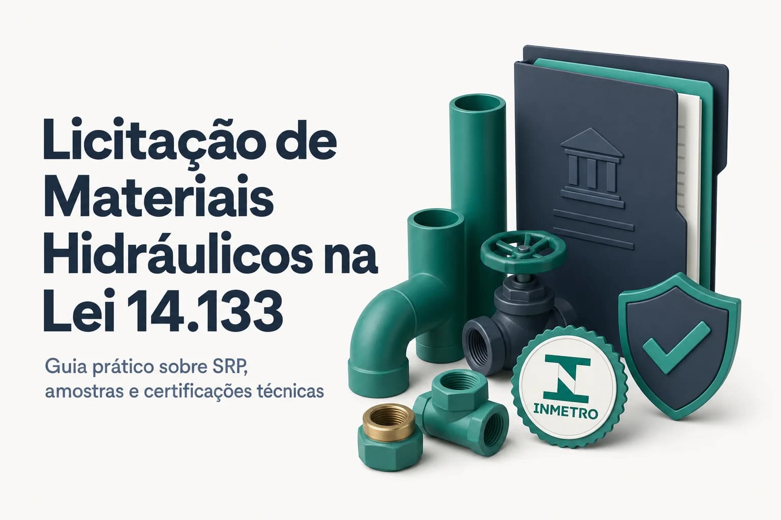 Mesa com tubos e conexões hidráulicas, prancheta com documentos, ao fundo tela de computador com portal de compras.