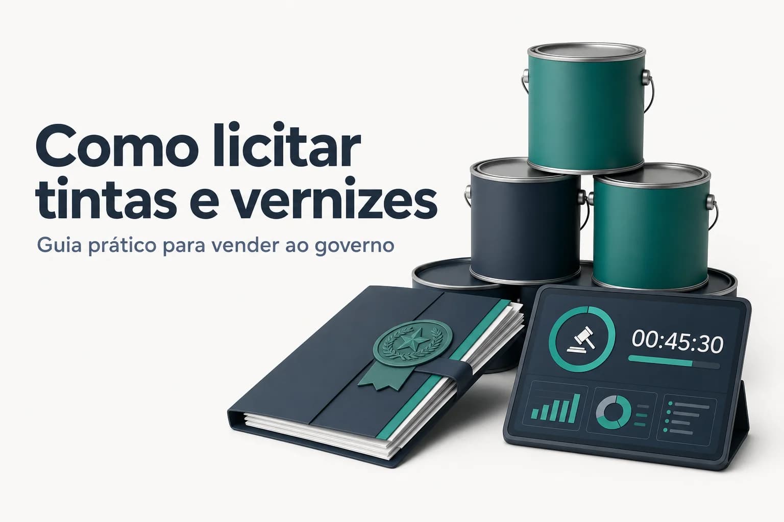 Ilustração de latas de tinta coloridas com uma pasta de licitação ao fundo e um carimbo de aprovado.