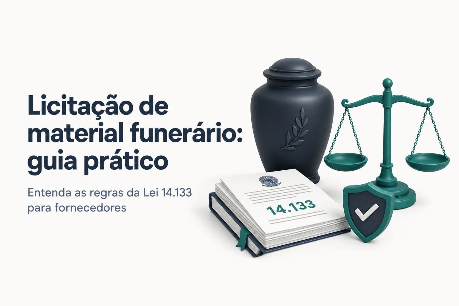 Documentos de licitação e ícones de urna funerária sobre fundo azul claro.