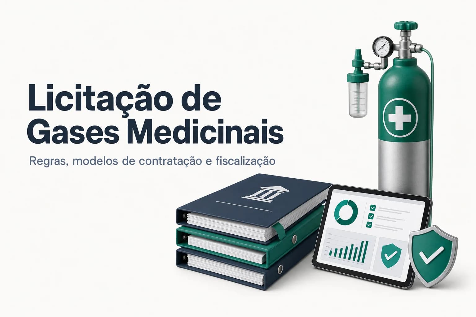 Ilustração de cilindros de oxigênio hospitalar e documentos de licitação sobre uma mesa