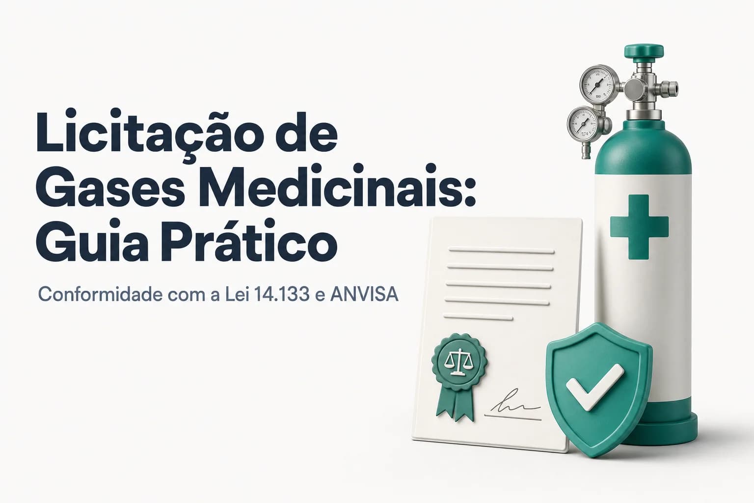 Ilustração de cilindros de gases medicinais ao lado de documentos de licitação e um hospital ao fundo.