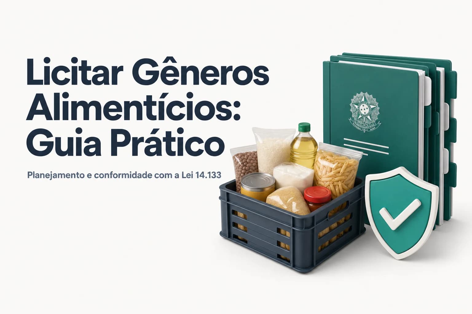 Fotografia de cestas básicas e alimentos não perecíveis organizados sobre uma mesa, com documentos e um computador ao fundo, representando o processo de licitação pública para gêneros alimentícios.