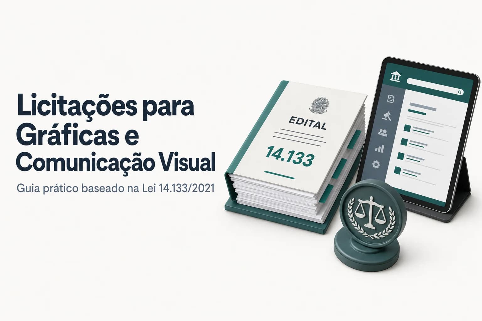 Ilustração de equipamentos de impressão gráfica e materiais de comunicação visual em escritório com documentos oficiais.