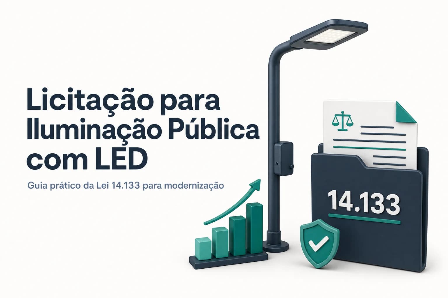 Poste de iluminação pública com luminária LED acesa ao entardecer, em via urbana.