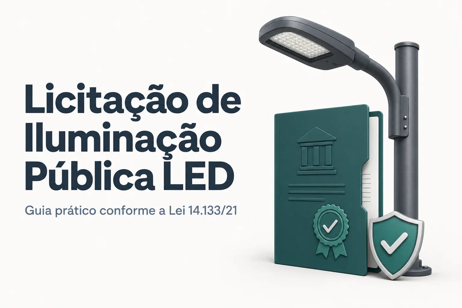 Poste de iluminação pública com luminária LED em avenida urbana à noite, com tráfego de veículos ao fundo.