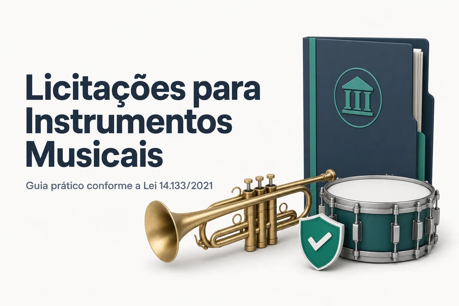Instrumentos musicais e equipamentos de banda e fanfarra em disposição sobre fundo claro, representando aquisição pública.