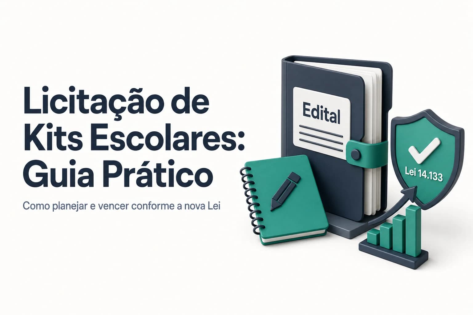 Kit de material escolar sobre mesa com lápis, caderno e borracha, com documentos de licitação ao lado.