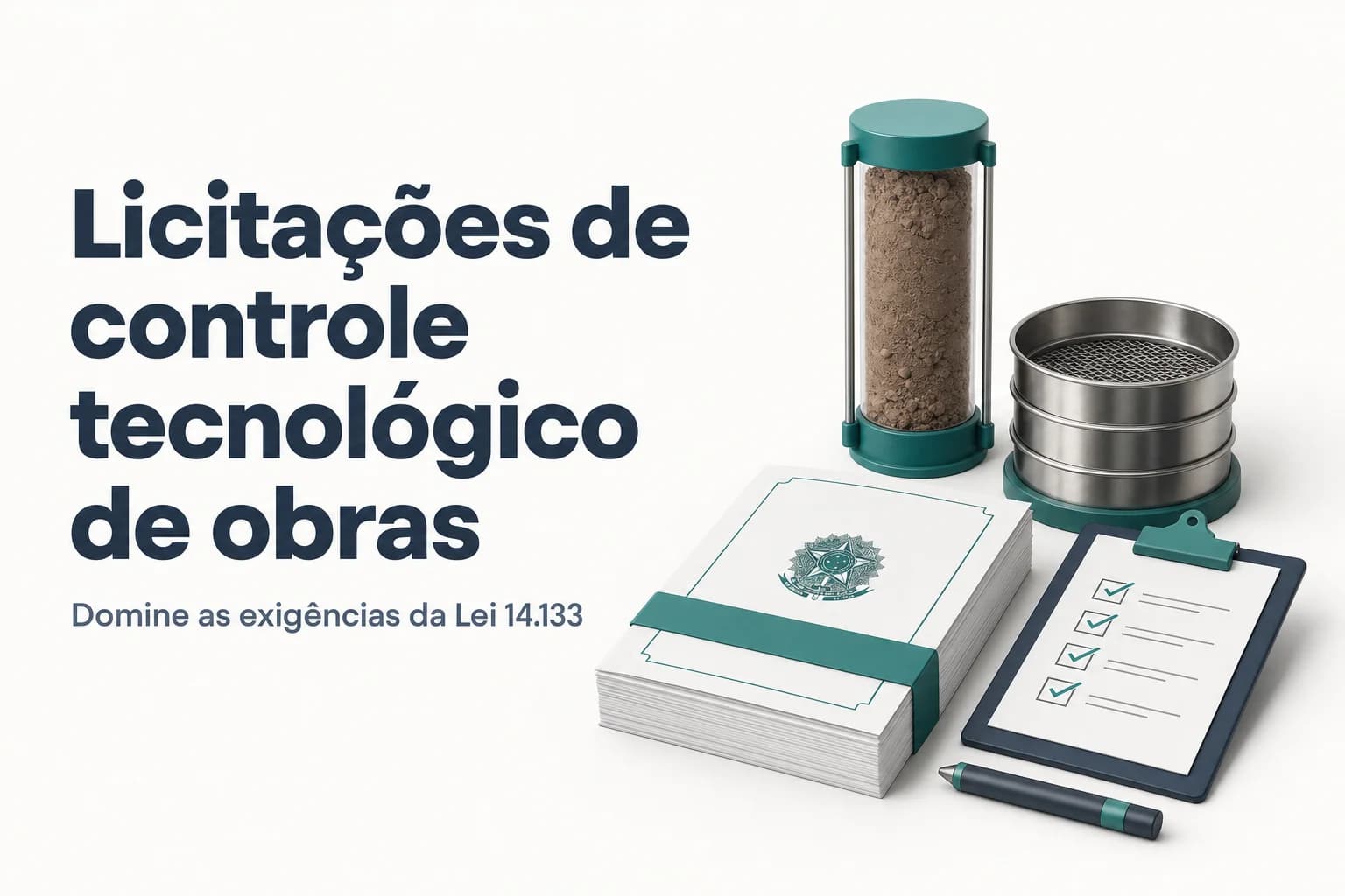 Documentos e equipamentos de laboratório de solos sobre uma mesa, representando licitação pública para controle tecnológico de obras.