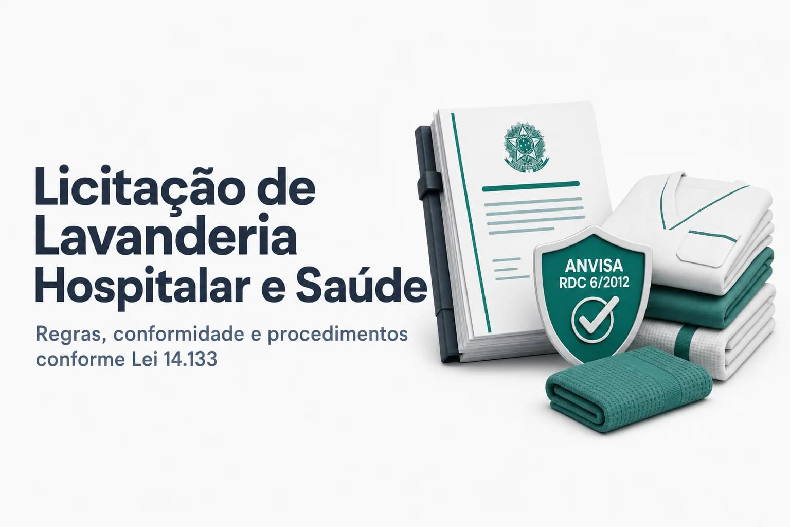 Funcionários de lavanderia hospitalar separando roupas limpas em ambiente controlado, com equipamentos de proteção.