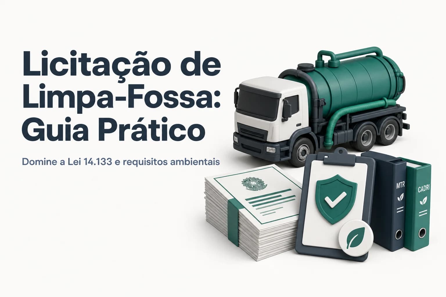 Ilustração de caminhão limpa-fossa em frente a um prédio público com documentos de licitação ao lado