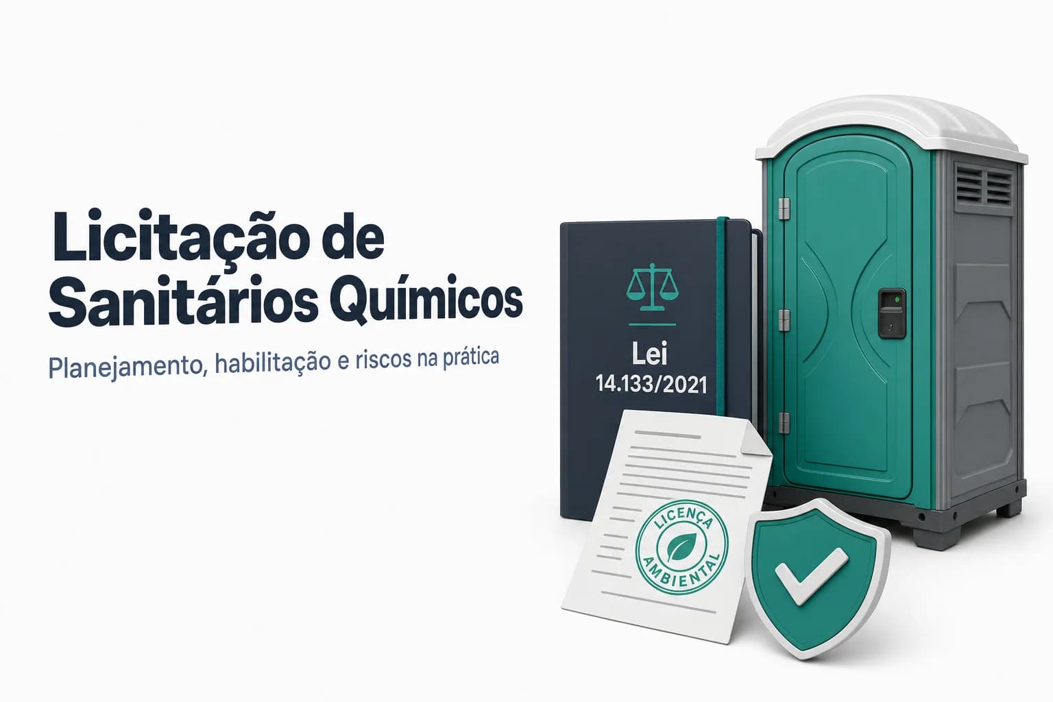 Sanitários químicos portáteis alinhados em um evento público, com placa de licitação ao fundo
