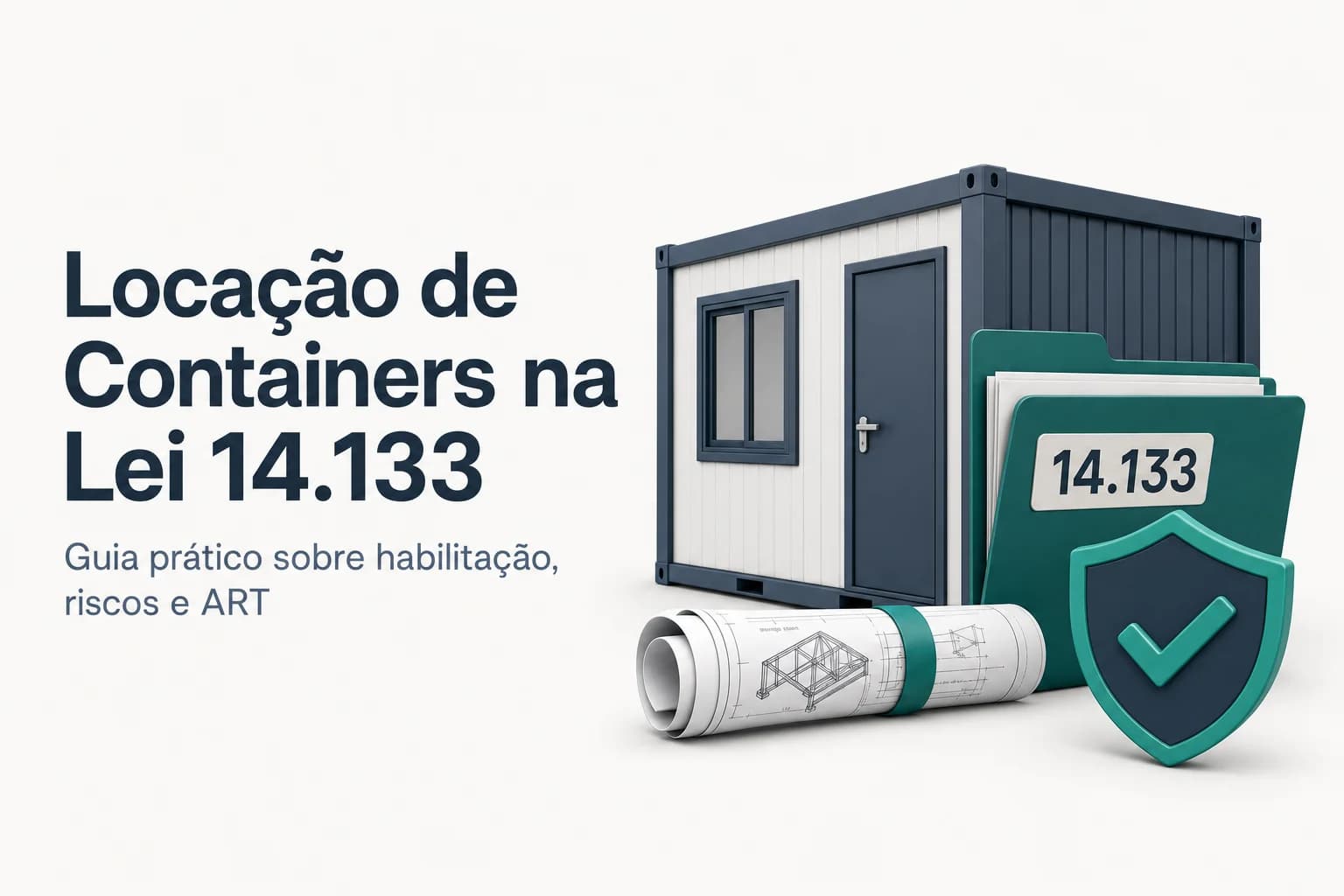 Container metálico laranja utilizado como módulo habitacional, com janela e porta, instalado sobre base de concreto em canteiro de obras.