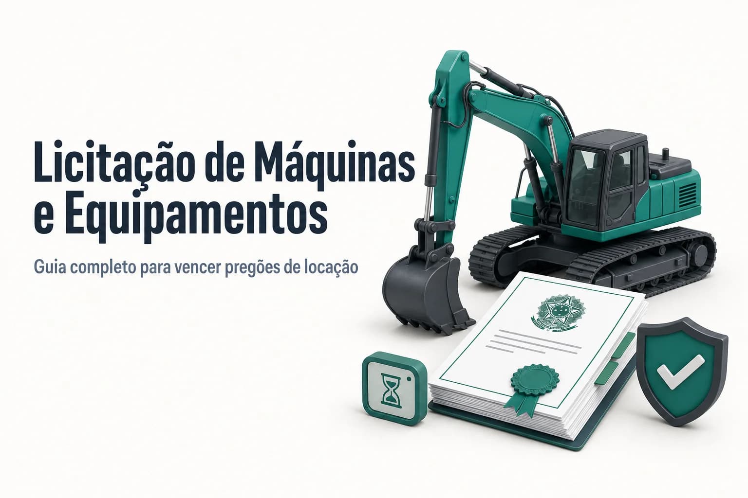 Guia sobre licitação para locação de máquinas pesadas mostrando documentos e equipamentos de construção.