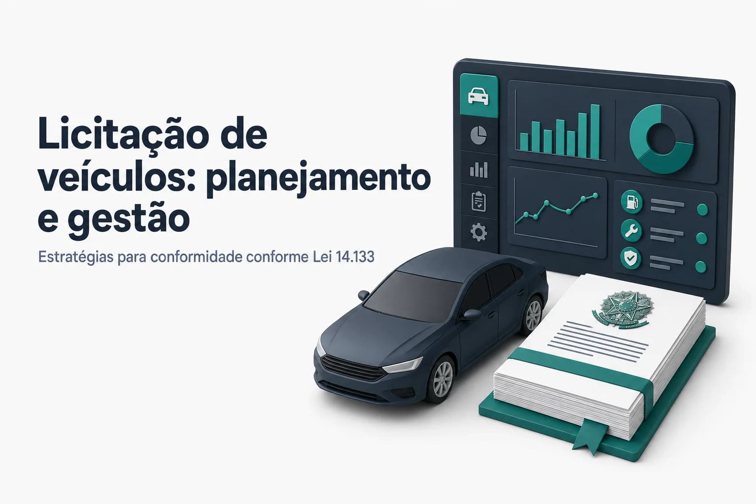 Infográfico mostrando as etapas de planejamento, elaboração do termo de referência e gestão da frota para licitação de locação de veículos públicos.