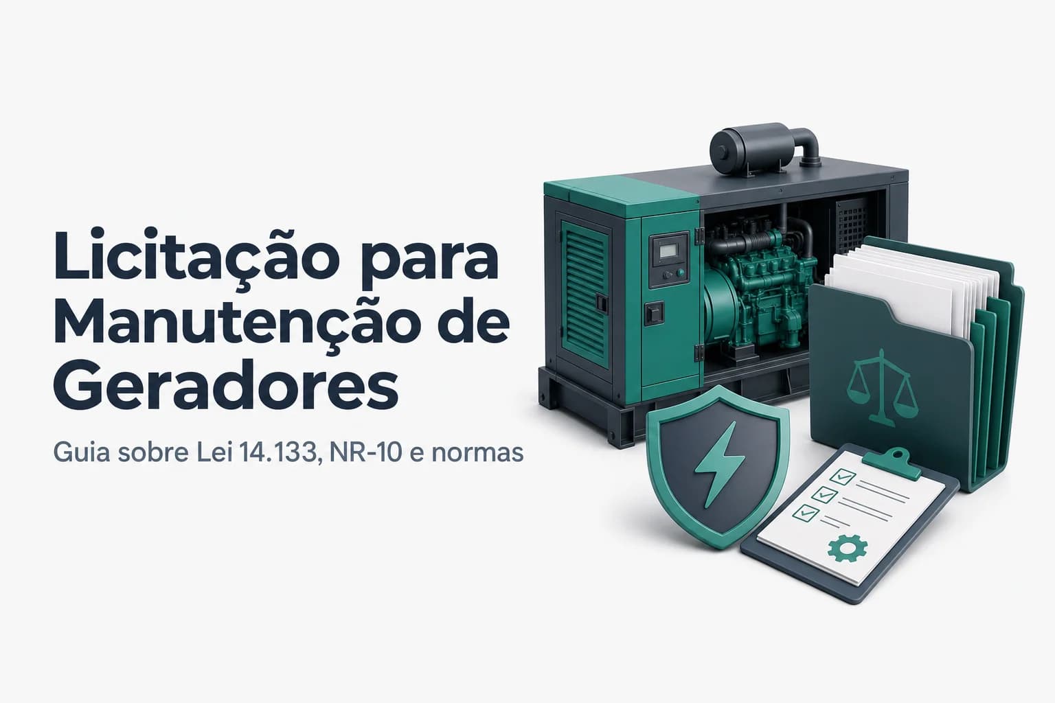 Ilustração de um gerador elétrico e uma subestação com diagramas técnicos ao fundo.