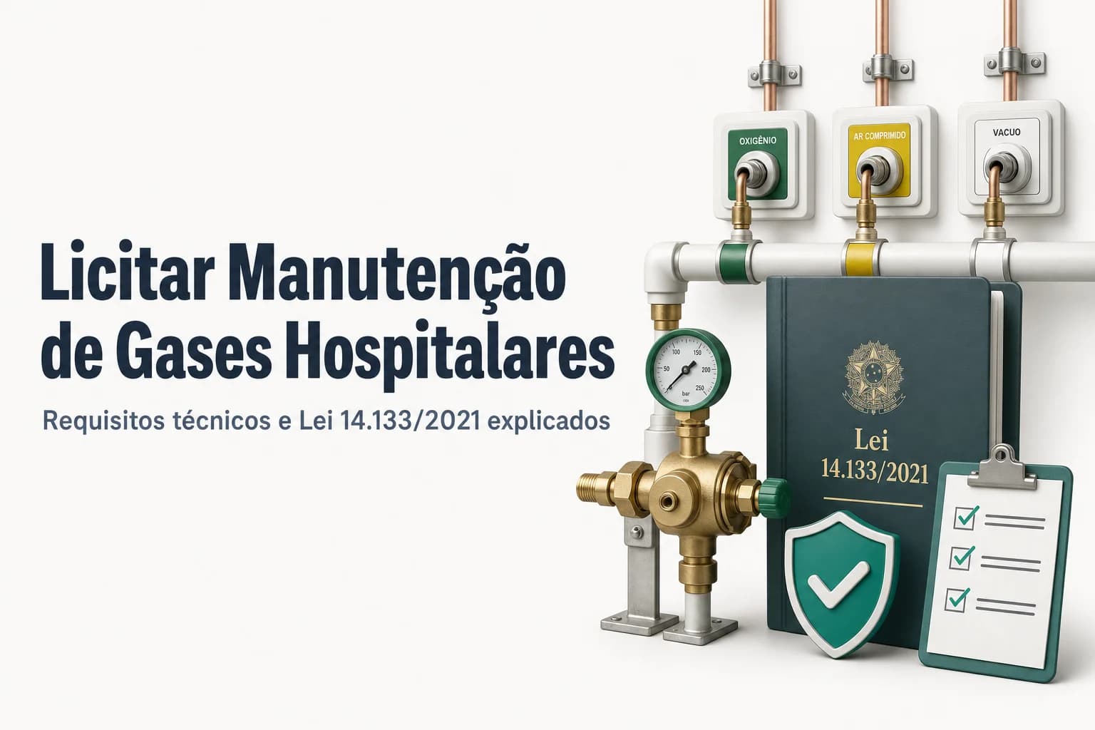 Ilustração de rede de gases medicinais em ambiente hospitalar com cilindros, tubulações e válvulas.