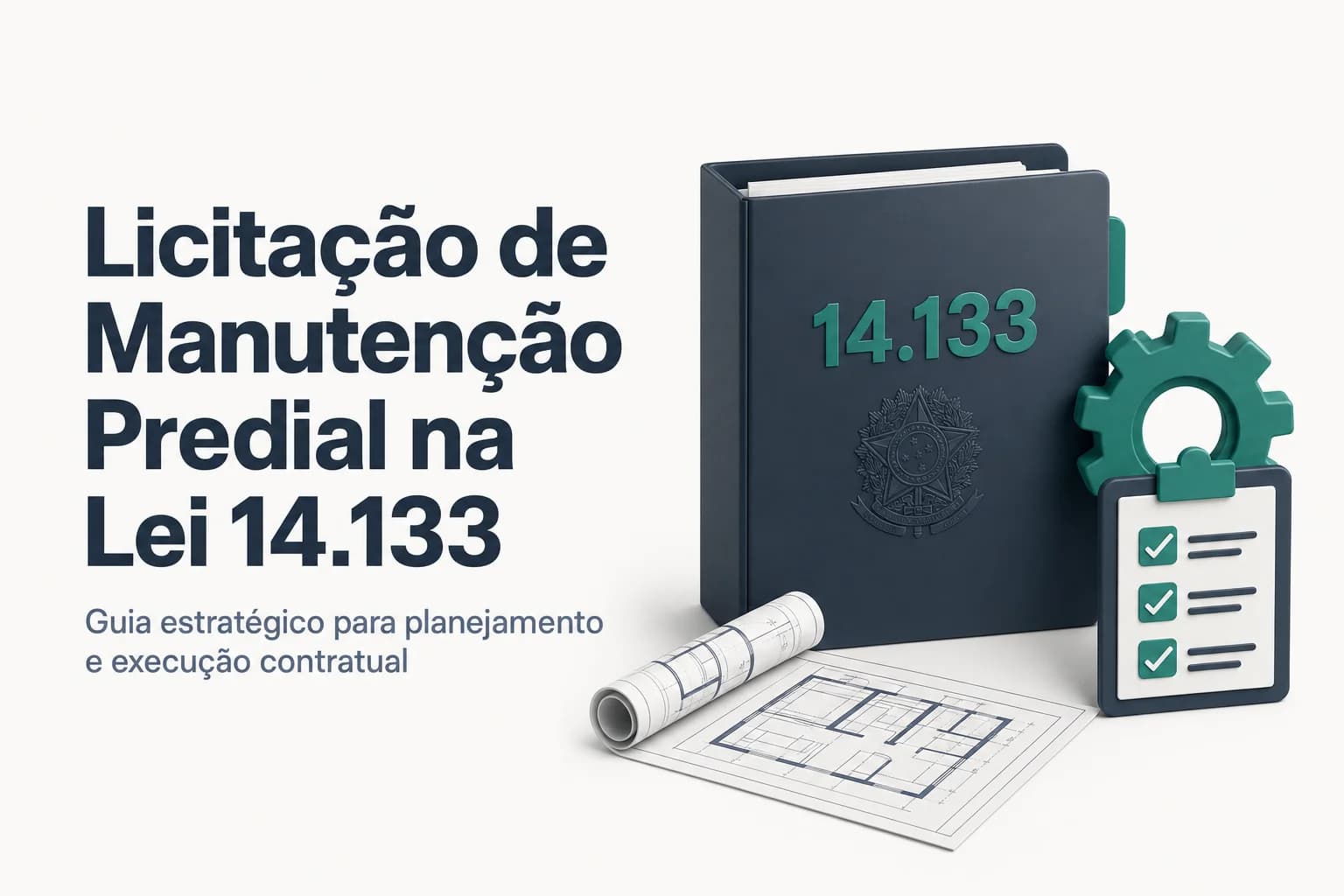 Prédio público com ícones de manutenção, limpeza e segurança, representando serviços de facilities.
