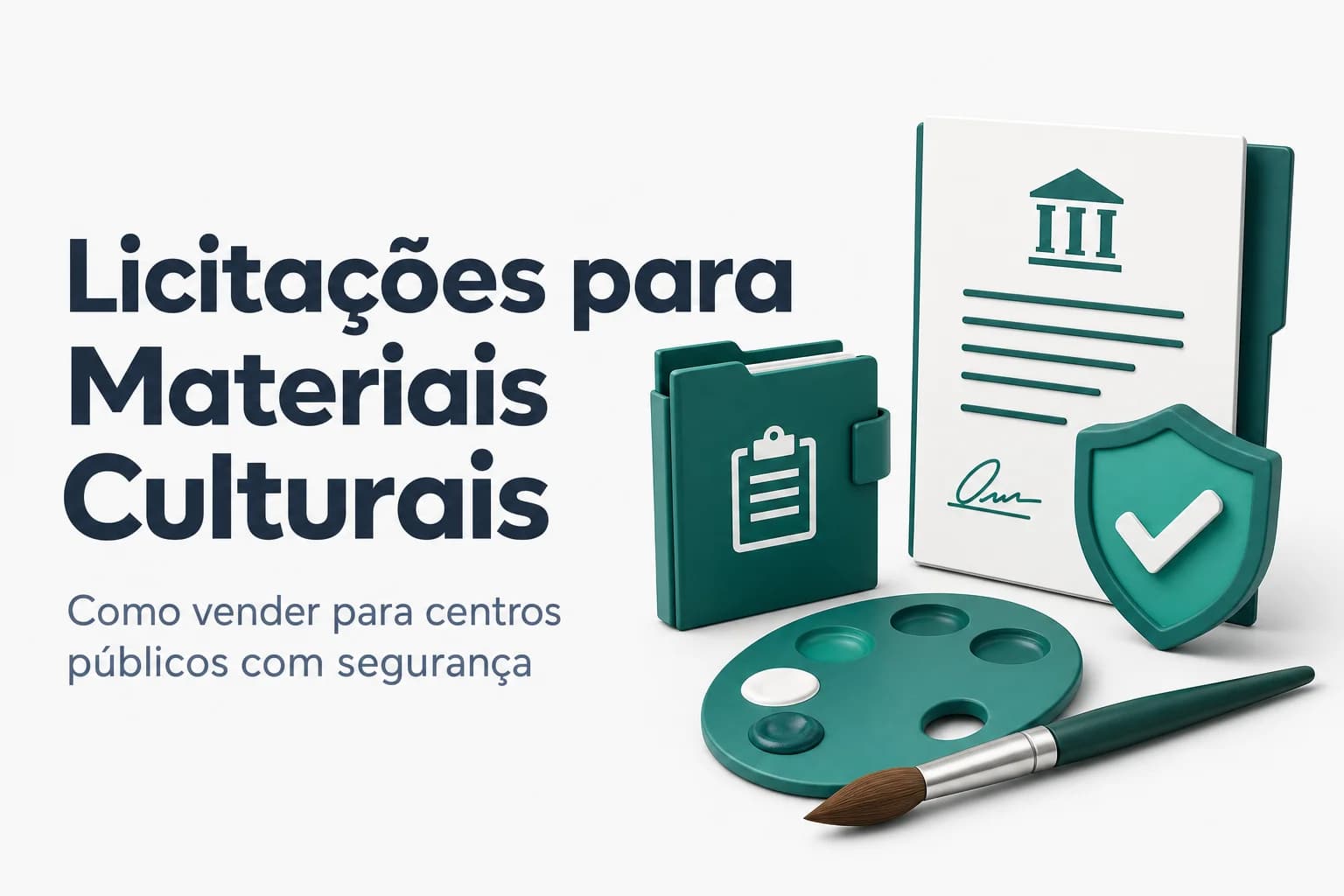 Banner com pincéis e tintas sobre fundo azul representando licitação de materiais de artes para centros culturais.