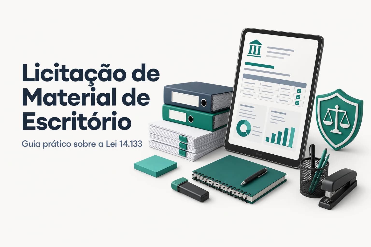 Pilha de materiais de escritório como papel, canetas e pastas sobre uma mesa, com um notebook ao lado exibindo o portal Compras.gov.br.
