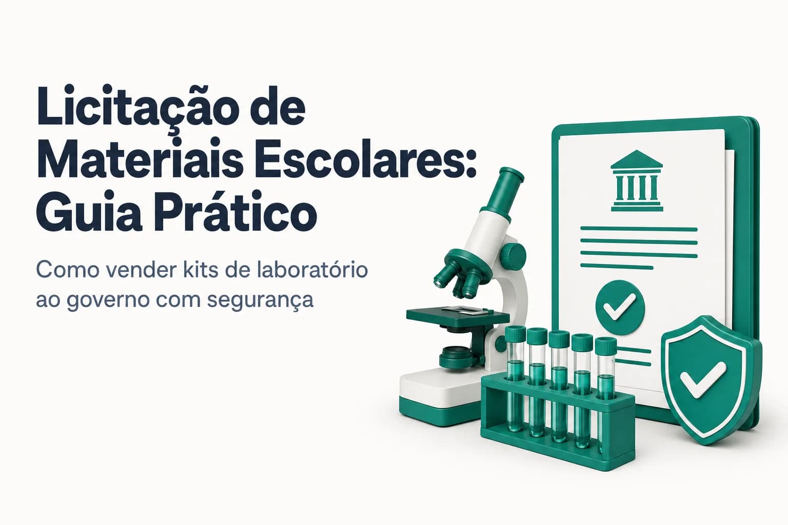 Mesa de laboratório escolar com tubos de ensaio, microscópio e kits de ciências sobre fundo azul