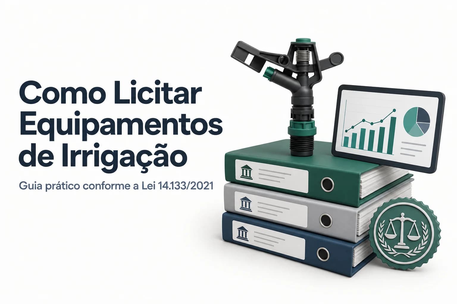 Imagem ilustrativa de sistema de irrigação em campo agrícola com equipamentos de pivô central e tubulações.