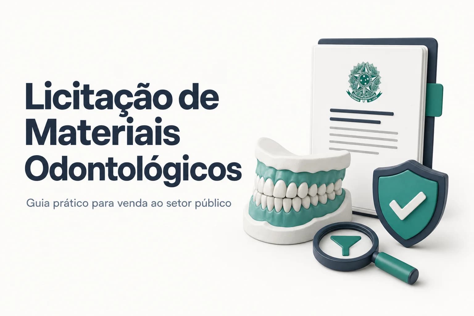 Mesa de consultório odontológico com instrumentos e próteses dentárias, representando a aquisição pública de materiais odontológicos.