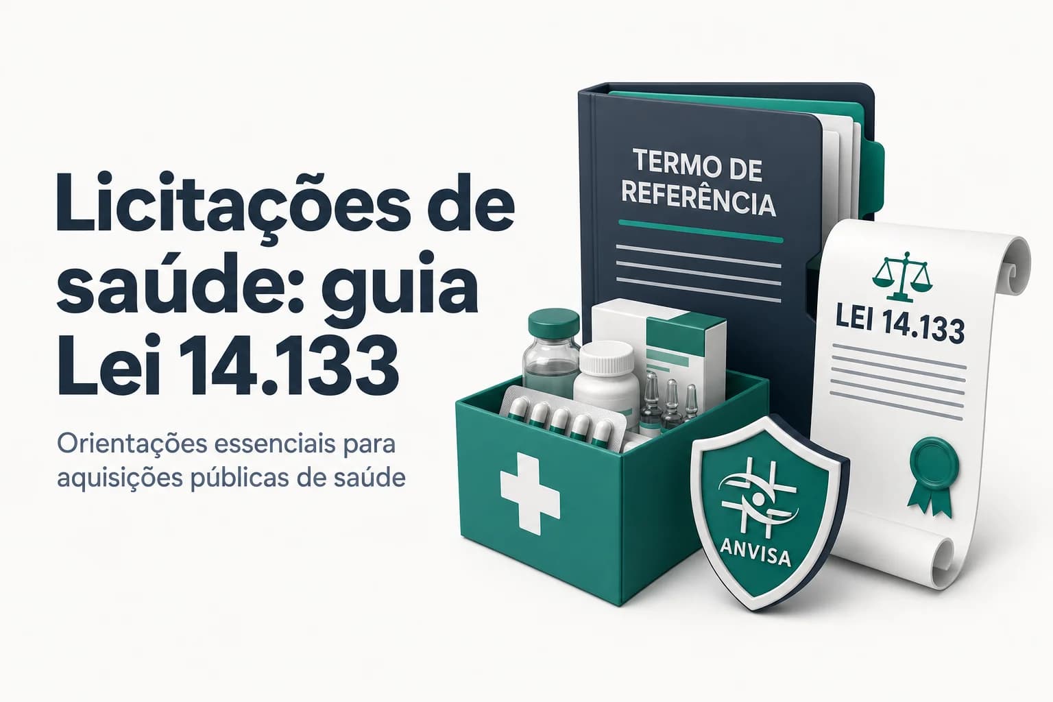 Documentos e medicamentos sobre uma mesa representando licitação para produtos hospitalares