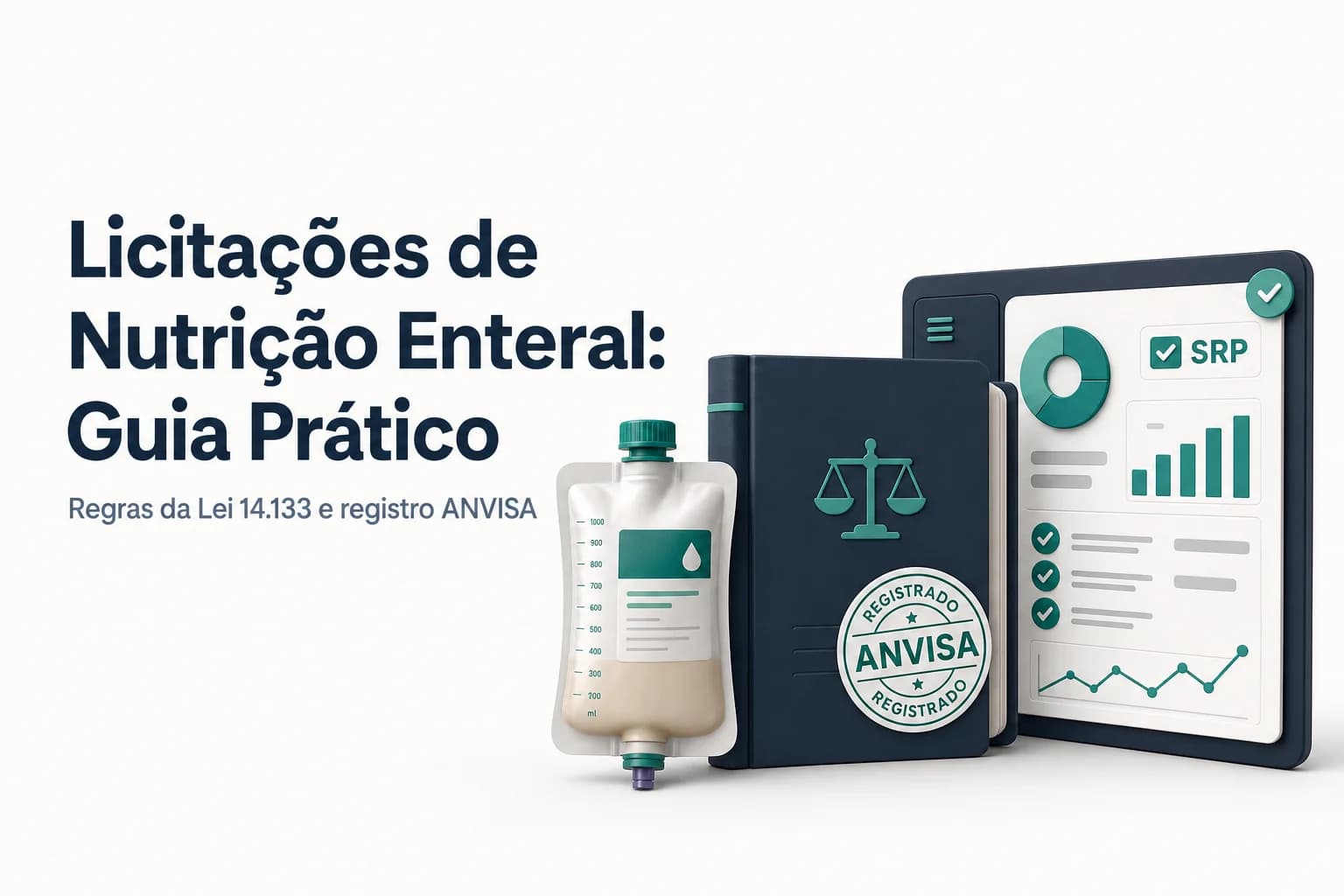 Ilustração de processo licitatório para nutrição enteral com destaque para edital e documentação sanitária.
