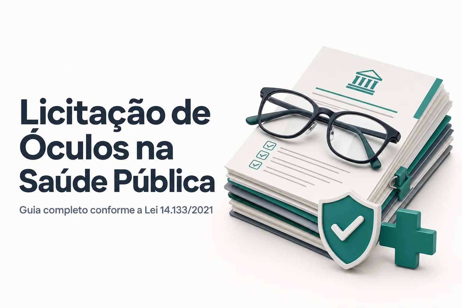 Óculos de grau sobre documentos de licitação e um estetoscópio, representando a contratação pública de lentes corretivas para o SUS.
